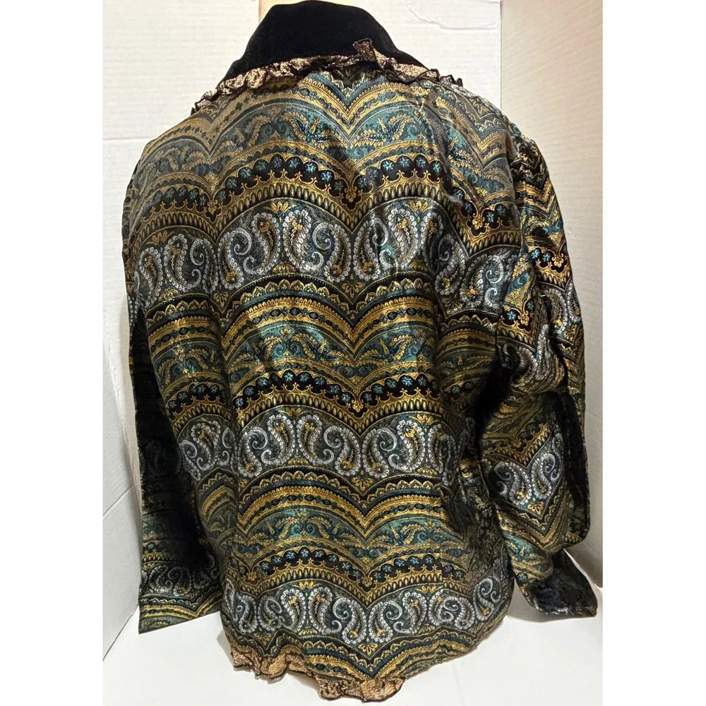 Coldwater Creek Paisley Blazer PM Boho Velvet Lace Teal Gold Romantic Jacket VTG - Picture 6 of 9